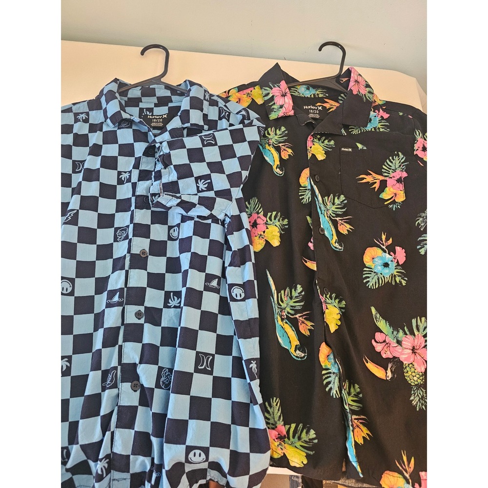 [Skater Surf] Hurley Button Down Shirts Boys 18/20 Blue Black Tropical Lot 2pc